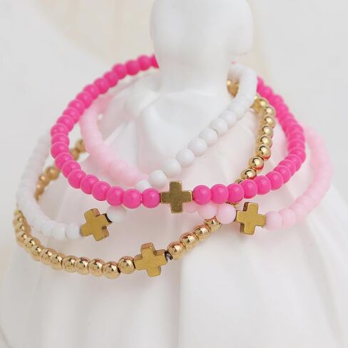 مجموعة أساور مكدسة من الخرز الذهبي للنساء، سوار بوهو لطيف مصنوع يدويًا باللون الوردي والأبيض ومطرز بالخرز، هدية مجوهرات صيفية للشاطئ. in Kuwait