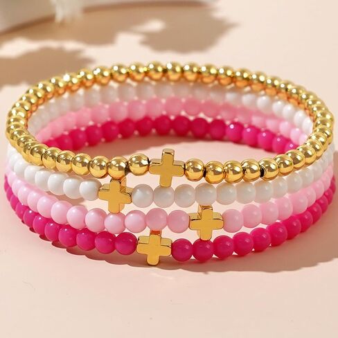 مجموعة أساور مكدسة من الخرز الذهبي للنساء، سوار بوهو لطيف مصنوع يدويًا باللون الوردي والأبيض ومطرز بالخرز، هدية مجوهرات صيفية للشاطئ. in Kuwait