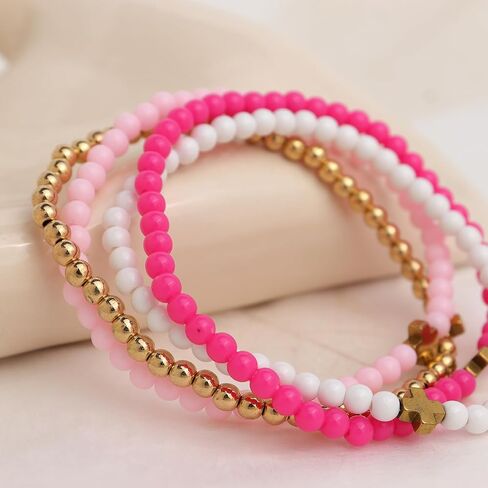 مجموعة أساور مكدسة من الخرز الذهبي للنساء، سوار بوهو لطيف مصنوع يدويًا باللون الوردي والأبيض ومطرز بالخرز، هدية مجوهرات صيفية للشاطئ. in Kuwait