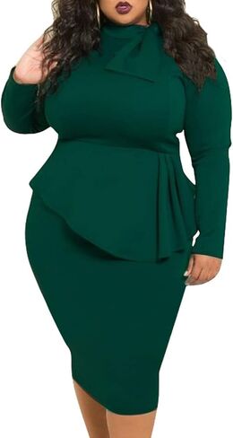 SEMATOMALA Women’s Tie Bowknot Neck Long Sleeve Peplum Knee Length Party Office Business Bodycon Plus Size Dress in Kuwait