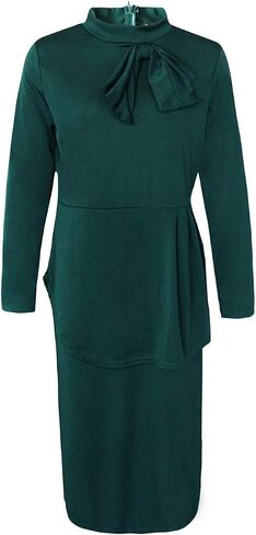 SEMATOMALA Women’s Tie Bowknot Neck Long Sleeve Peplum Knee Length Party Office Business Bodycon Plus Size Dress in Kuwait