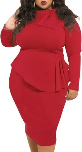 SEMATOMALA Women’s Tie Bowknot Neck Long Sleeve Peplum Knee Length Party Office Business Bodycon Plus Size Dress in Kuwait