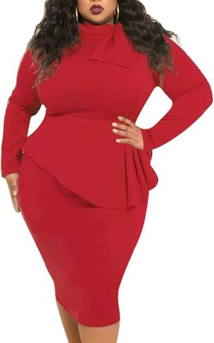 SEMATOMALA Women’s Tie Bowknot Neck Long Sleeve Peplum Knee Length Party Office Business Bodycon Plus Size Dress in Kuwait