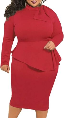 SEMATOMALA Women’s Tie Bowknot Neck Long Sleeve Peplum Knee Length Party Office Business Bodycon Plus Size Dress in Kuwait