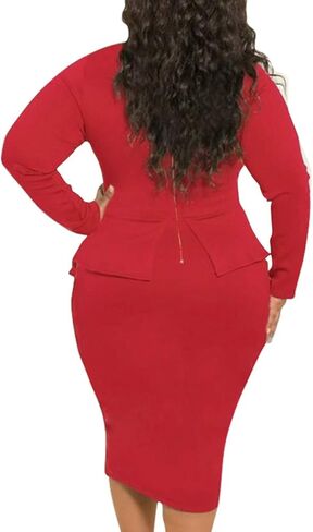 SEMATOMALA Women’s Tie Bowknot Neck Long Sleeve Peplum Knee Length Party Office Business Bodycon Plus Size Dress in Kuwait