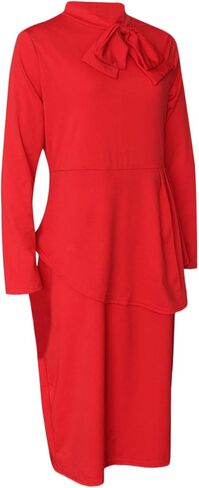 SEMATOMALA Women’s Tie Bowknot Neck Long Sleeve Peplum Knee Length Party Office Business Bodycon Plus Size Dress in Kuwait