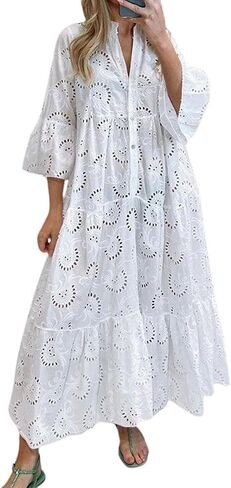 chouyatou Women's 2024 Lace Eyelet Embroidery Maxi Dress V-Neck Trumpet Sleeve Boho Flowy Swing Dress in Saudi Arabia