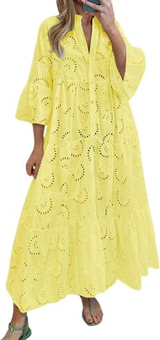 chouyatou Women's 2024 Lace Eyelet Embroidery Maxi Dress V-Neck Trumpet Sleeve Boho Flowy Swing Dress in Saudi Arabia