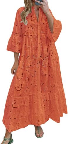 chouyatou Women's 2024 Lace Eyelet Embroidery Maxi Dress V-Neck Trumpet Sleeve Boho Flowy Swing Dress in Saudi Arabia