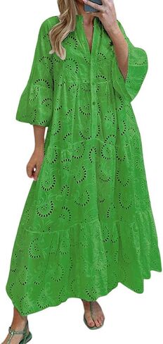 chouyatou Women's 2024 Lace Eyelet Embroidery Maxi Dress V-Neck Trumpet Sleeve Boho Flowy Swing Dress in Saudi Arabia