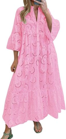 chouyatou Women's 2024 Lace Eyelet Embroidery Maxi Dress V-Neck Trumpet Sleeve Boho Flowy Swing Dress in Saudi Arabia