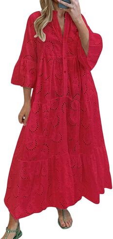chouyatou Women's 2024 Lace Eyelet Embroidery Maxi Dress V-Neck Trumpet Sleeve Boho Flowy Swing Dress in Saudi Arabia