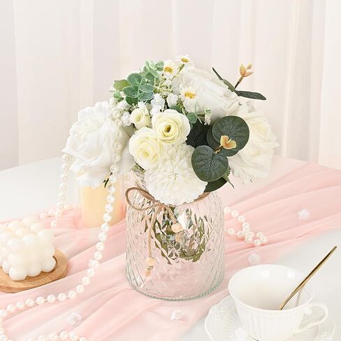 Dolicer Artificial Flowers with Vase, 14’’ Artificial Silk Roses in Vase, Faux Flower Arrangement with Vase for Table Centerpiece Office Farmhouse Kitchen Coffee Dining Home Decor (Yellow) in Saudi Arabia