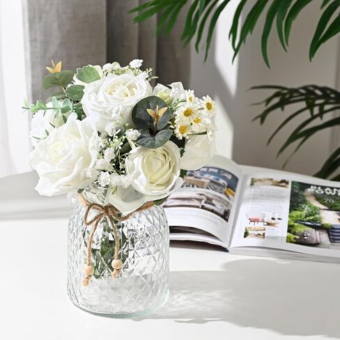 Dolicer Artificial Flowers with Vase, 14’’ Artificial Silk Roses in Vase, Faux Flower Arrangement with Vase for Table Centerpiece Office Farmhouse Kitchen Coffee Dining Home Decor (Yellow) in Saudi Arabia
