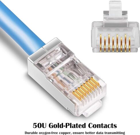 iGreely محمية Cat6 RJ45 موصلات 50 حزمة مطلية بالذهب RJ45 Cat6/Cat5E/Cat5 8P8C 50 ميكرون 50u 3 الشق FTP STP إيثرنت كابل تجعيد وحدات التوصيل in Kuwait