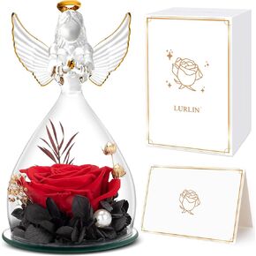 LURLIN Birthday Gifts for Women, Preserved Flowers Rose Gift for Mom Wife Girlfriend, Glass Angel Figurines with Forever Rose for Mothers, Valentines, Anniversary, Christmas Day Gift for Her