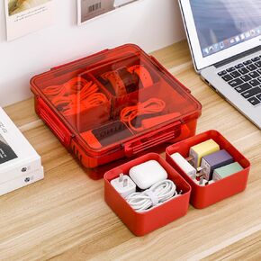 Yesesion Plastic Desk Accessories Organizer with Lid and Wire Ties, Home Office Supplies Storage Box with 4 Compartments for Art Crafts, Stationery, Power Cords, Charger, Makeup (Beige - A)