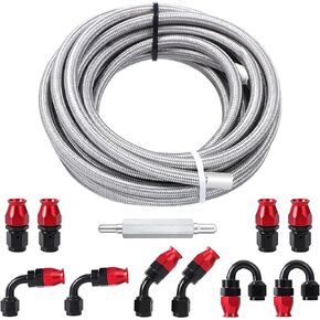 6AN 3/8" PTFE Fuel Hose 20FT Fuel line Kit EFI LS Fuel Injection line E85 Oil Gas Hose Fitting Kit Stainless Steel Braided