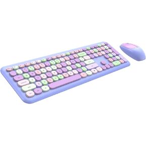 Wireless Keyboard and Mouse Combo, 2.4GHz Full-Sized Colorful Cute Keyboard Mouse Set with Retro Typewriter Flexible Round Keys for Windows, Computer, Laptops, PC (B-Blue Colorful)