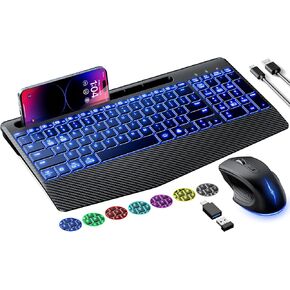 Wireless Keyboard and Mouse, Ergonomic keyboard mouse - RGB Backlit, Rechargeable, Quiet, with Phone Holder, Wrist Rest, Lighted Mac Keyboard and Mouse Combo, for Mac, Windows, Laptop, PC