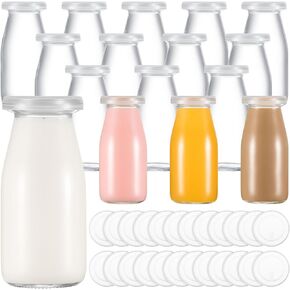 12 Pack Small Glass Milk Bottle Clear Mini Glass Bottles with Lids Glass Juice Bottle Reusable Small Milk Jar Vintage Breakfast Shake Container for Drinking Water Juice Honey Beverages (3.38 oz)