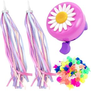 72 Pcs Bike Wheel Spokes Beads + 1 Kid Bike Bell + 2 Pack Kids Bike Streamers, Spoke Plastic Clip Round Decor Beads, Flower Bicycle Bell, Colorful Bike Handlebar Ribbons Tassel for Girls Boys Scooter