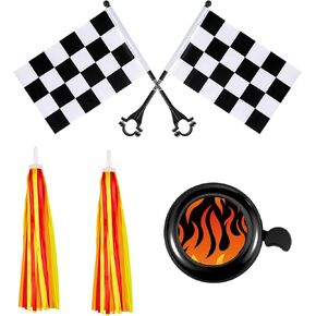 Liliful 5 Pcs Kids Bike Accessories Include 2 Pcs Flame Bike Streamers Bike Tassel Flame Bike Bell 2 Pcs Black and White Checkered Flags for Boys Girls Bike Accessories