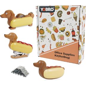 Desk Stapler Set,Office Supply Kit Includes Tape Dispenser & Mini Stapler,Miniature Dachshund Hot Dog Design with Squeezing Toy