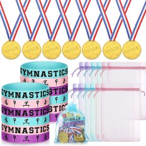 Gymnastics Party Favors Gymnastics Winner Award Medal Rubber Bracelets with Organza Bag Gymnastics Sport Game Silicone Wristband for Gymnastic Theme Party Supplies (Gold, 36 Pieces)
