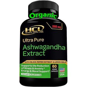 Organic Ashwagandha Capsules 2000 MG Root Powder Extract with Black Pepper & Lemon Balm 2 Month Supply - Natural Way to Relieve Stress