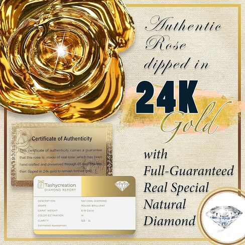 TASHYCREATION Gold Dipped Rose 24k with Real Diamond Full Natural - Preserved Roses in a Box Golden Forever Rose Eternal Rose Gifts for Women for Her in Saudi Arabia