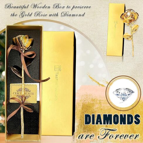 TASHYCREATION Gold Dipped Rose 24k with Real Diamond Full Natural - Preserved Roses in a Box Golden Forever Rose Eternal Rose Gifts for Women for Her in Saudi Arabia
