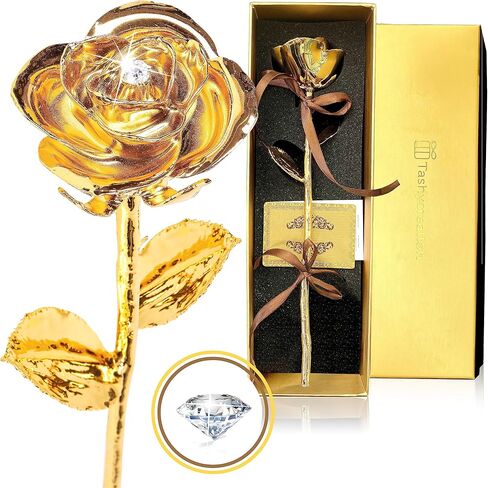 TASHYCREATION Gold Dipped Rose 24k with Real Diamond Full Natural - Preserved Roses in a Box Golden Forever Rose Eternal Rose Gifts for Women for Her in Saudi Arabia