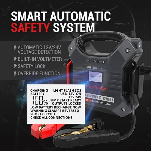 بطارية AUTOGEN 12V و24V Jump Starter 10000Amp ليثيوم فوسفات الحديد (LiFePO4)، صندوق قفز معزز مع شاشة LED ذكية مدمجة وإضاءة LED in Kuwait