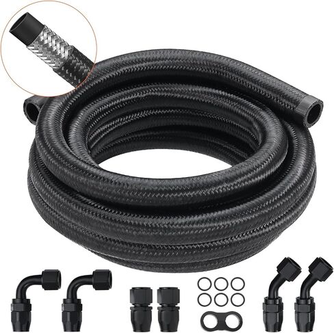 VEVOR 10AN Fuel Line Kit, 10 FT Fuel Hose Kit, 0.55" Nylon Stainless Steel Braided Fuel Line Oil/Gas/Diesel Hose End Fitting Kit, with 7 PCS Swivel Fitting Adapter Kit, Black in Saudi Arabia