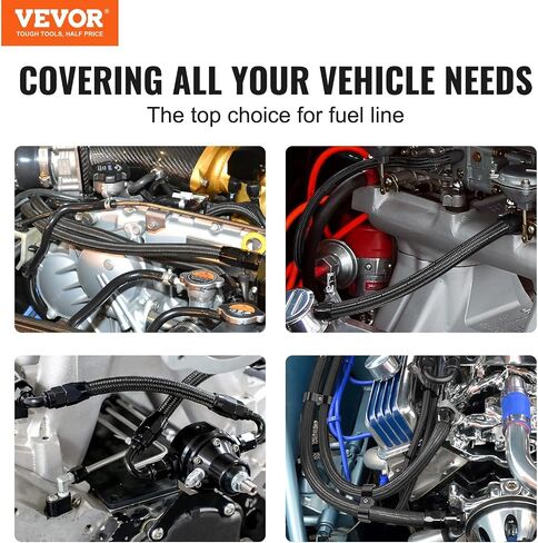 VEVOR 10AN Fuel Line Kit, 10 FT Fuel Hose Kit, 0.55" Nylon Stainless Steel Braided Fuel Line Oil/Gas/Diesel Hose End Fitting Kit, with 7 PCS Swivel Fitting Adapter Kit, Black in Saudi Arabia