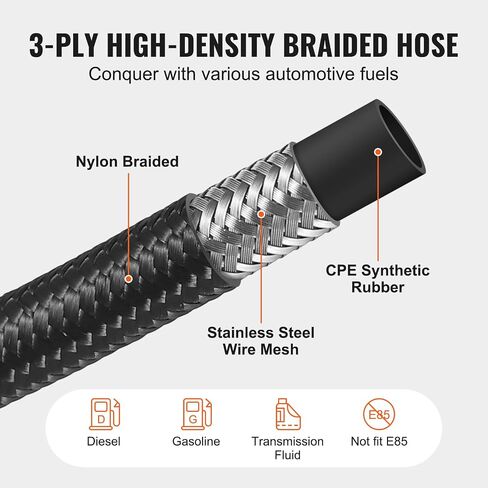 VEVOR 10AN Fuel Line Kit, 10 FT Fuel Hose Kit, 0.55" Nylon Stainless Steel Braided Fuel Line Oil/Gas/Diesel Hose End Fitting Kit, with 7 PCS Swivel Fitting Adapter Kit, Black in Saudi Arabia
