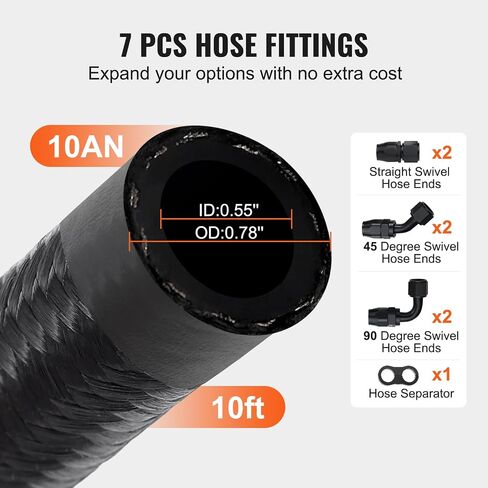 VEVOR 10AN Fuel Line Kit, 10 FT Fuel Hose Kit, 0.55" Nylon Stainless Steel Braided Fuel Line Oil/Gas/Diesel Hose End Fitting Kit, with 7 PCS Swivel Fitting Adapter Kit, Black in Saudi Arabia