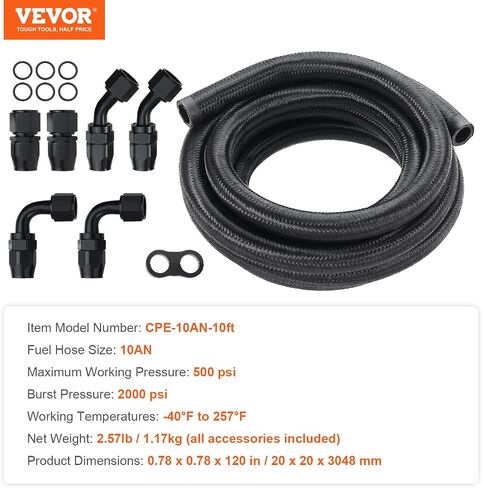 VEVOR 10AN Fuel Line Kit, 10 FT Fuel Hose Kit, 0.55" Nylon Stainless Steel Braided Fuel Line Oil/Gas/Diesel Hose End Fitting Kit, with 7 PCS Swivel Fitting Adapter Kit, Black in Saudi Arabia