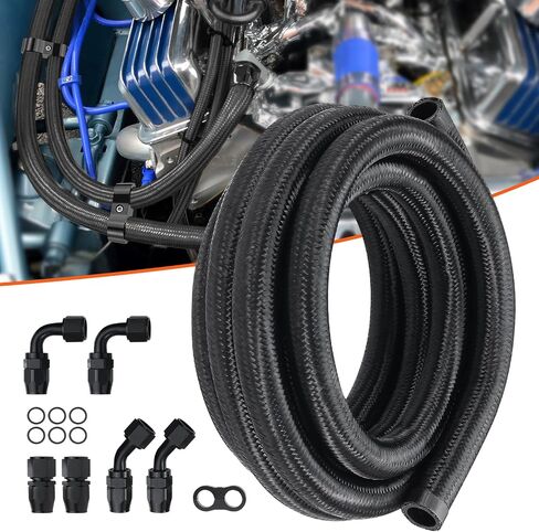 VEVOR 10AN Fuel Line Kit, 10 FT Fuel Hose Kit, 0.55" Nylon Stainless Steel Braided Fuel Line Oil/Gas/Diesel Hose End Fitting Kit, with 7 PCS Swivel Fitting Adapter Kit, Black in Saudi Arabia
