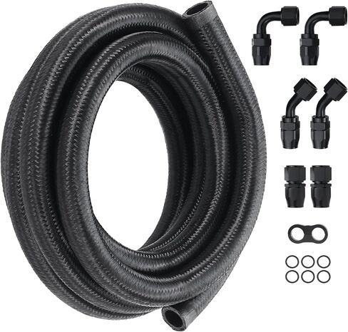 VEVOR 10AN Fuel Line Kit, 10 FT Fuel Hose Kit, 0.55" Nylon Stainless Steel Braided Fuel Line Oil/Gas/Diesel Hose End Fitting Kit, with 7 PCS Swivel Fitting Adapter Kit, Black in Saudi Arabia
