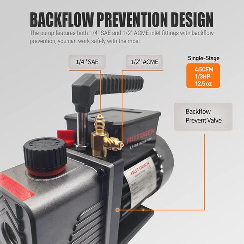 مضخة فراغ AUTOGEN أحادية المرحلة 4.5CFM، مضخة تفريغ هواء 1/3HP 5Pa 110V لـ R12 R22 R134a R410a، مضخة فراغ دوارة دوارة لإعادة شحن مبرد HVAC/AUTO AC، وتفريغ النبيذ، وحلب البقر in Kuwait