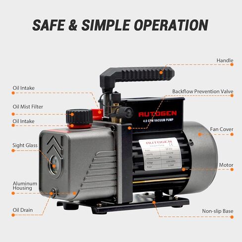مضخة فراغ AUTOGEN أحادية المرحلة 4.5CFM، مضخة تفريغ هواء 1/3HP 5Pa 110V لـ R12 R22 R134a R410a، مضخة فراغ دوارة دوارة لإعادة شحن مبرد HVAC/AUTO AC، وتفريغ النبيذ، وحلب البقر in Kuwait