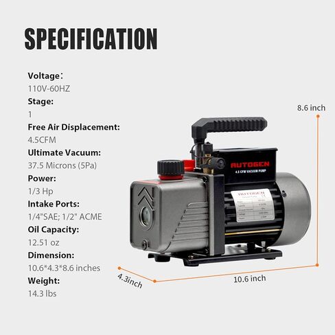مضخة فراغ AUTOGEN أحادية المرحلة 4.5CFM، مضخة تفريغ هواء 1/3HP 5Pa 110V لـ R12 R22 R134a R410a، مضخة فراغ دوارة دوارة لإعادة شحن مبرد HVAC/AUTO AC، وتفريغ النبيذ، وحلب البقر in Kuwait