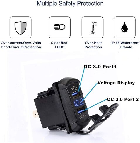 شاحن Switchtec Quick Charge 3.0 مزدوج USB Rocker Switch Style Charger أحمر الفولتميتر للقوارب، Polaris، RZR 1000، Ranger، Mobile Home، RV، Can Am Spyders، Can Am Maverick، Can AM SxS، عربة الجولف in Kuwait
