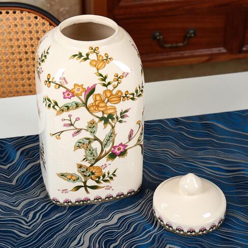 BEGORGEO Floral Pattern Ceramic Ginger Jar with Lid Vintage Flower Design Sophisticated Vessel Canister for Kitchen Counter Countertop Home Dining Living Room Decoration in Saudi Arabia