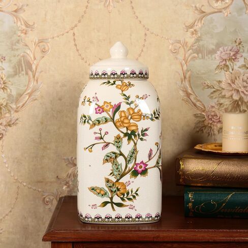 BEGORGEO Floral Pattern Ceramic Ginger Jar with Lid Vintage Flower Design Sophisticated Vessel Canister for Kitchen Counter Countertop Home Dining Living Room Decoration in Saudi Arabia
