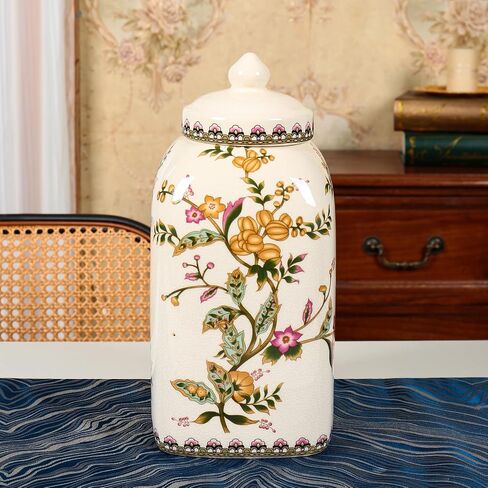 BEGORGEO Floral Pattern Ceramic Ginger Jar with Lid Vintage Flower Design Sophisticated Vessel Canister for Kitchen Counter Countertop Home Dining Living Room Decoration in Saudi Arabia