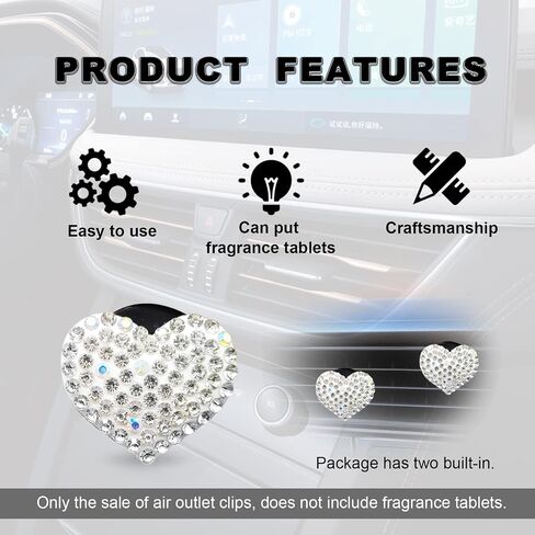 2Pcs Car Air Vent Clip, Bling Crystal Heart Charms Car Air Vent Clips, Car Air Conditioning Outlet Clip Decorative, Car Interior Decoration Accessories Universal for Women and Man (Black) in Saudi Arabia
