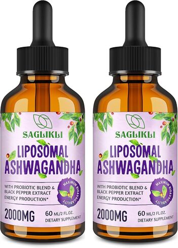 Liposomal Ashwagandha Liquid Drops - 2000mg with 7% Withanolides, Ashwagandha Root Extract Supplement with Black Pepper Extract & Probiotics for Stress, Focus, Cognition - 4 FL.OZ (2 Bottle) in Saudi Arabia
